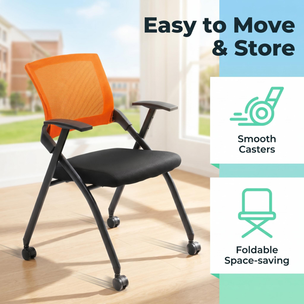 Stackable Folding Office Chair with Wheels - Ergonomic Padded Seat, 350lbs Capacity, Orange