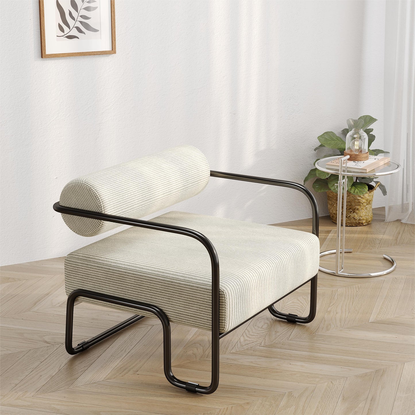 Beige Corduroy Lazy Sofa Chair with Iron Frame - Comfortable Seating