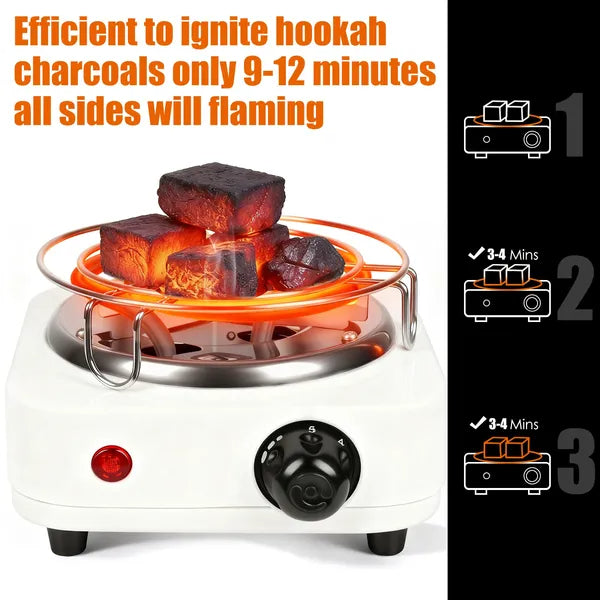 500W Charcoal Burner with Thermostat Control & Tongs - Black