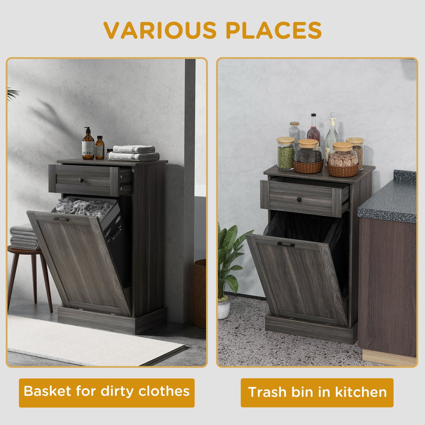 Tilt-Out Trash Bin Cabinet with Drawer - Charcoal Gray Storage