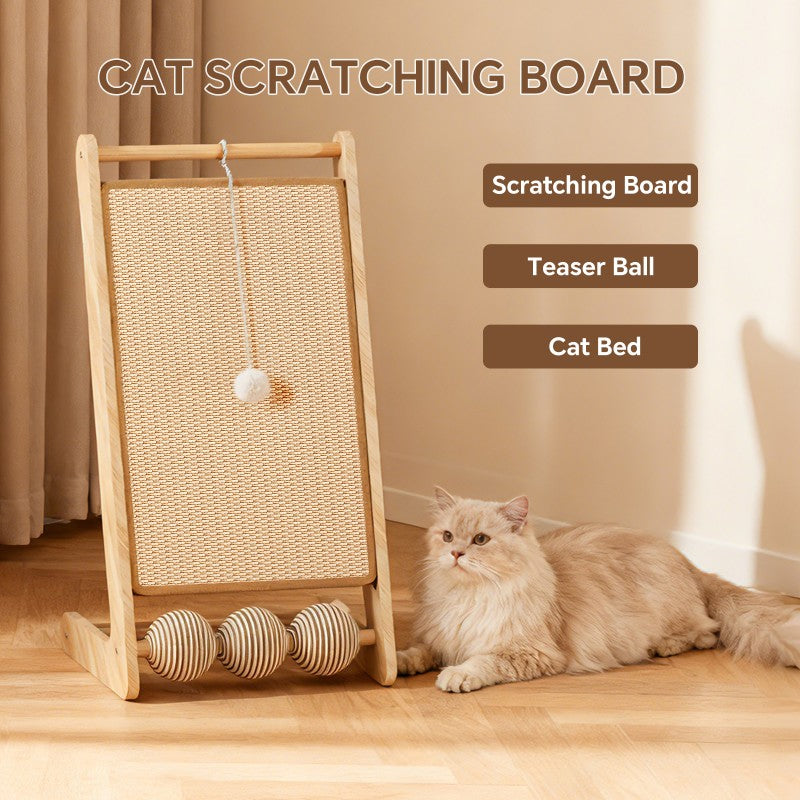Vertical Sisal Cat Scratcher Post with Balls & Wooden Frame - Claw Care Toy