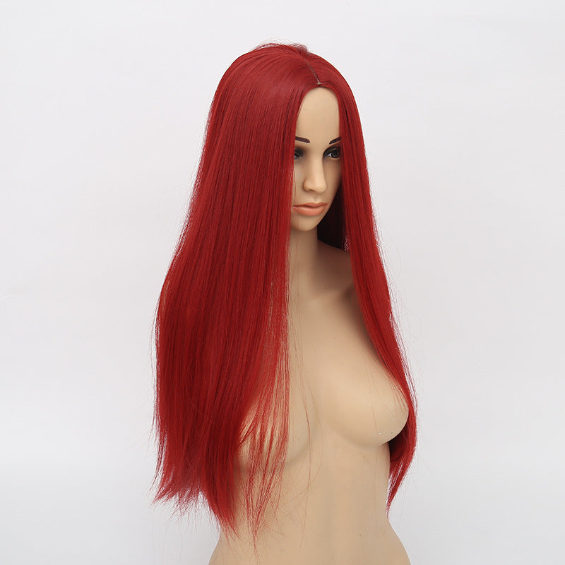 Wine Red Synthetic Wig - Long Straight Hair for Women, Heat-Resistant, Middle Part