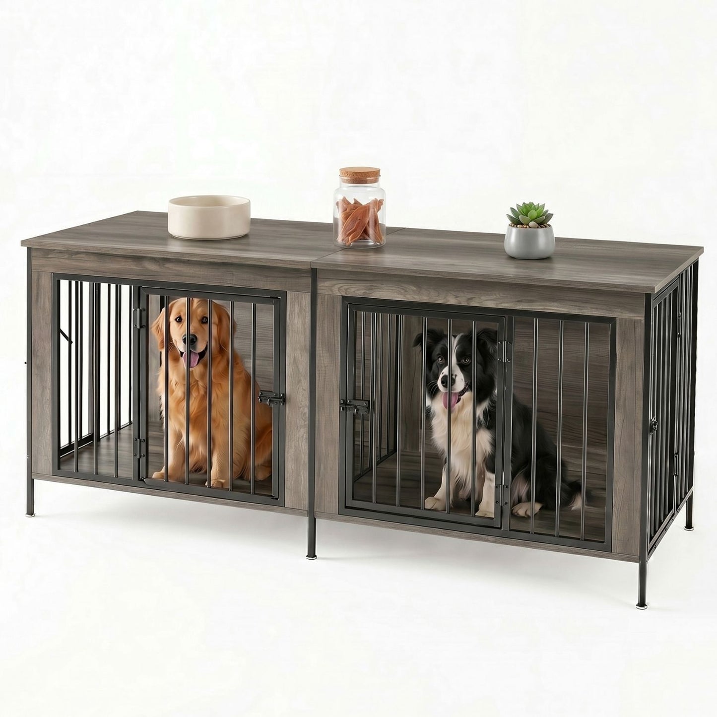 Double Dog Crate Furniture with Divider - Extra Large Pet Kennel