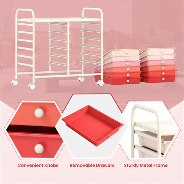 12-Drawer Rolling Storage Cart - 2-Row 10-Storey, Multicolor Drawers,