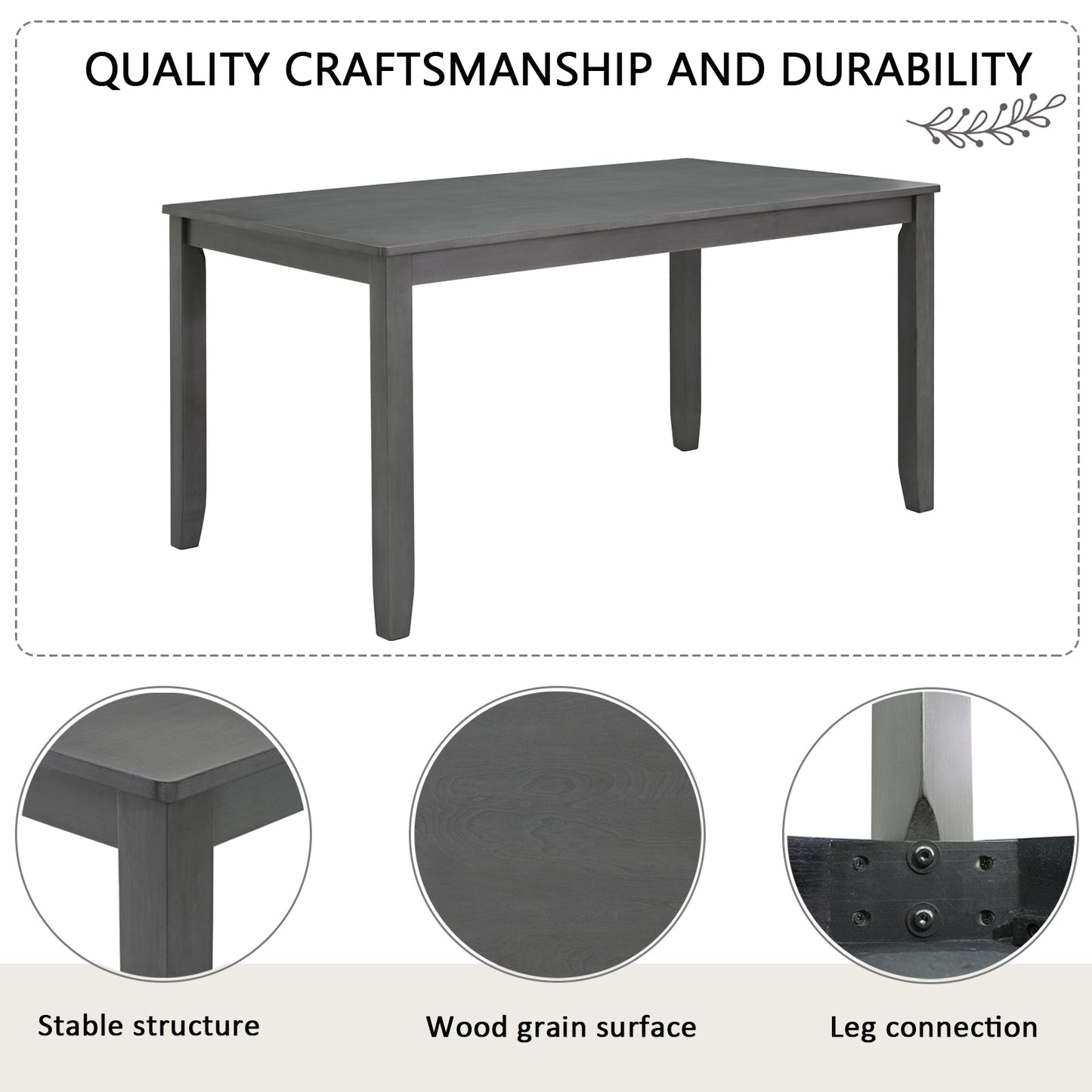 6-Piece Wooden Dining Table Set with Bench and Chairs - Gray