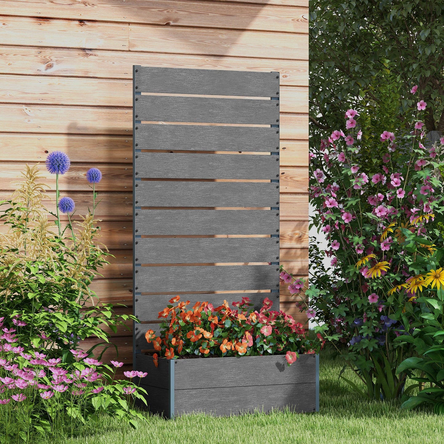Raised Garden Bed with Trellis for Climbing Plants - Outdoor Planter Box, Gray, 28.25 x 15 x 59 inches