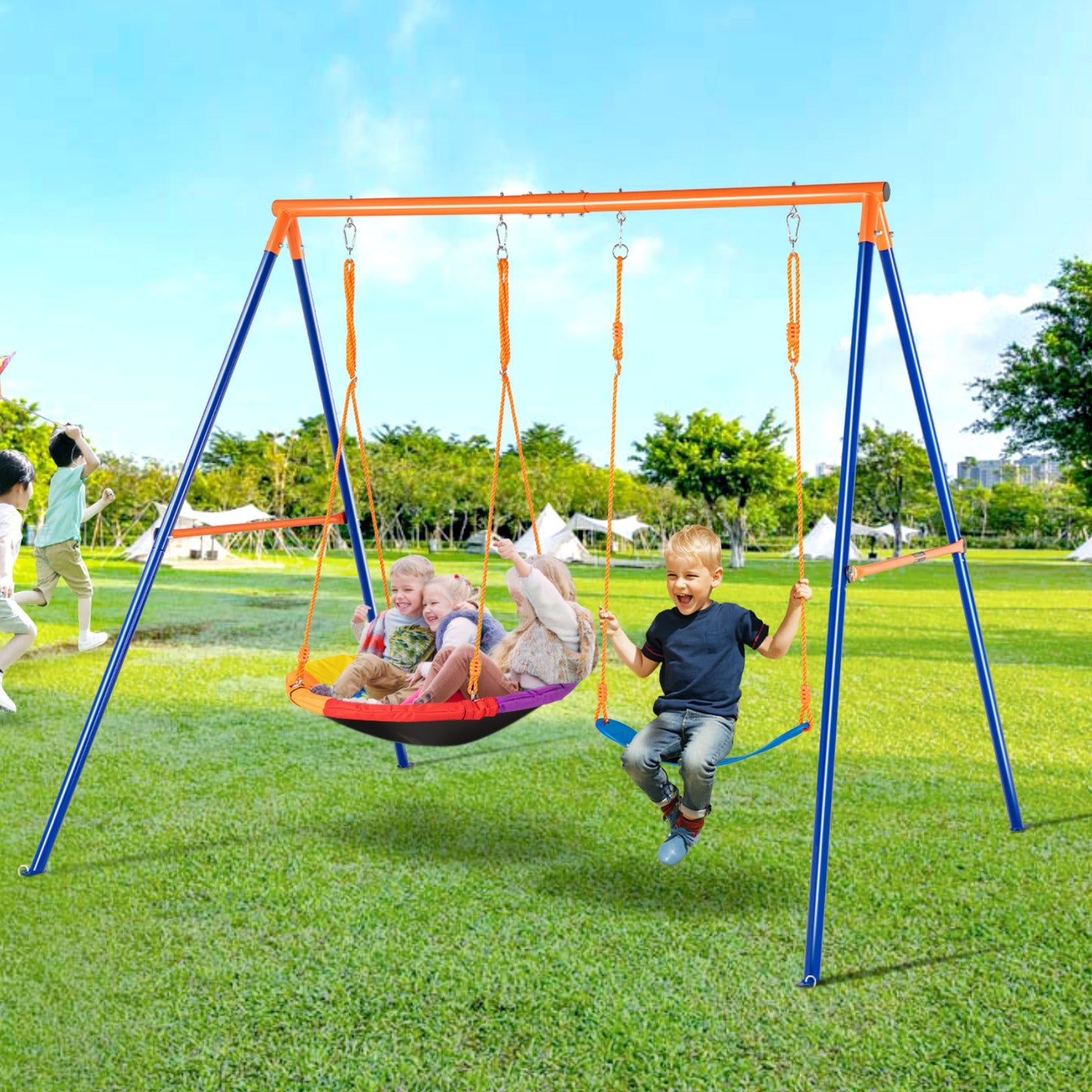 Orange Backyard Swing Set with A-Frame Metal Stand and High-Weight Seat