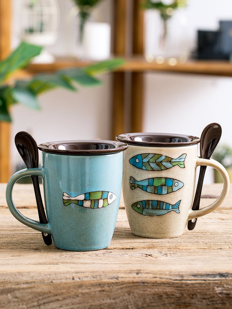 Ceramic Fish Pattern Coffee Cup with Lid and Spoon - 350mL Blue