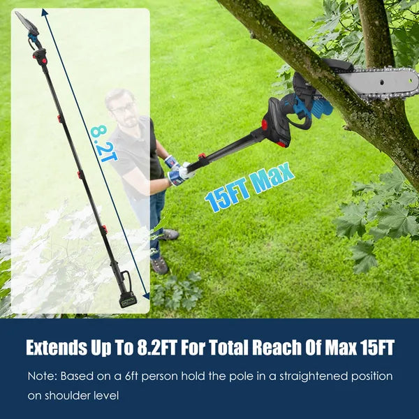 Cordless Electric Pole Saw & Mini Chainsaw with Extension Poles - 21V 3.0Ah Batteries, Adjustable Length, Auto Oiler, Safety Switch