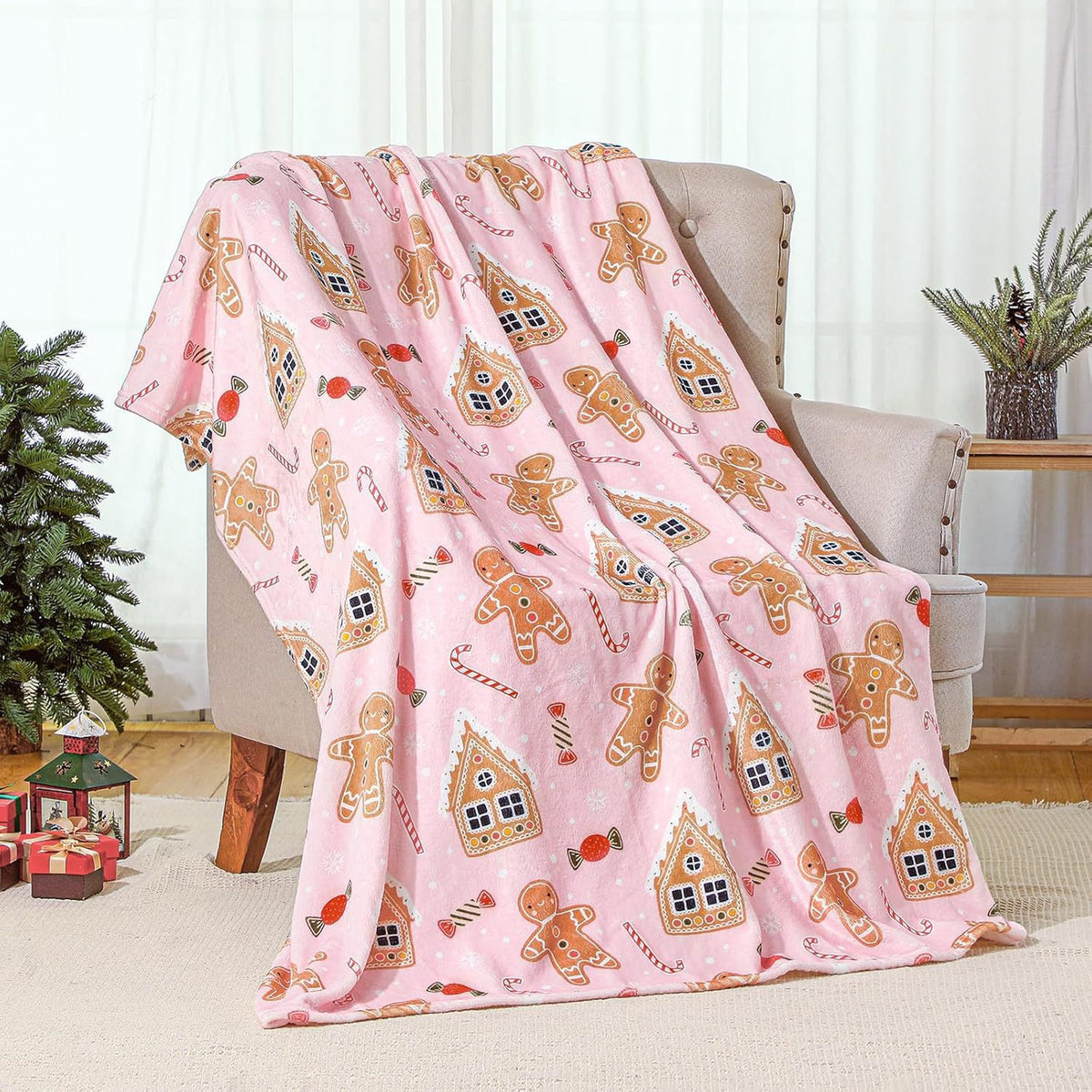 Christmas Themed Bedding Set with Gingerbread Men Snowflakes Candy Canes and Warm Blankets - Multiple Sizes & Styles