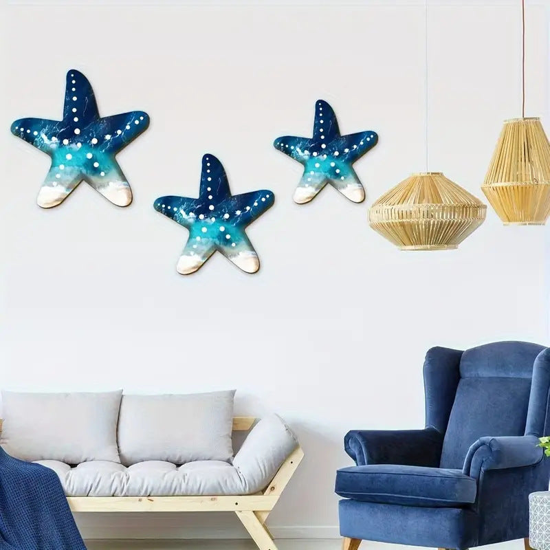 Wooden Decorative Ornament Set with Starfish Wave and Polka Dot Pattern - Modern Minimalist Home Decor