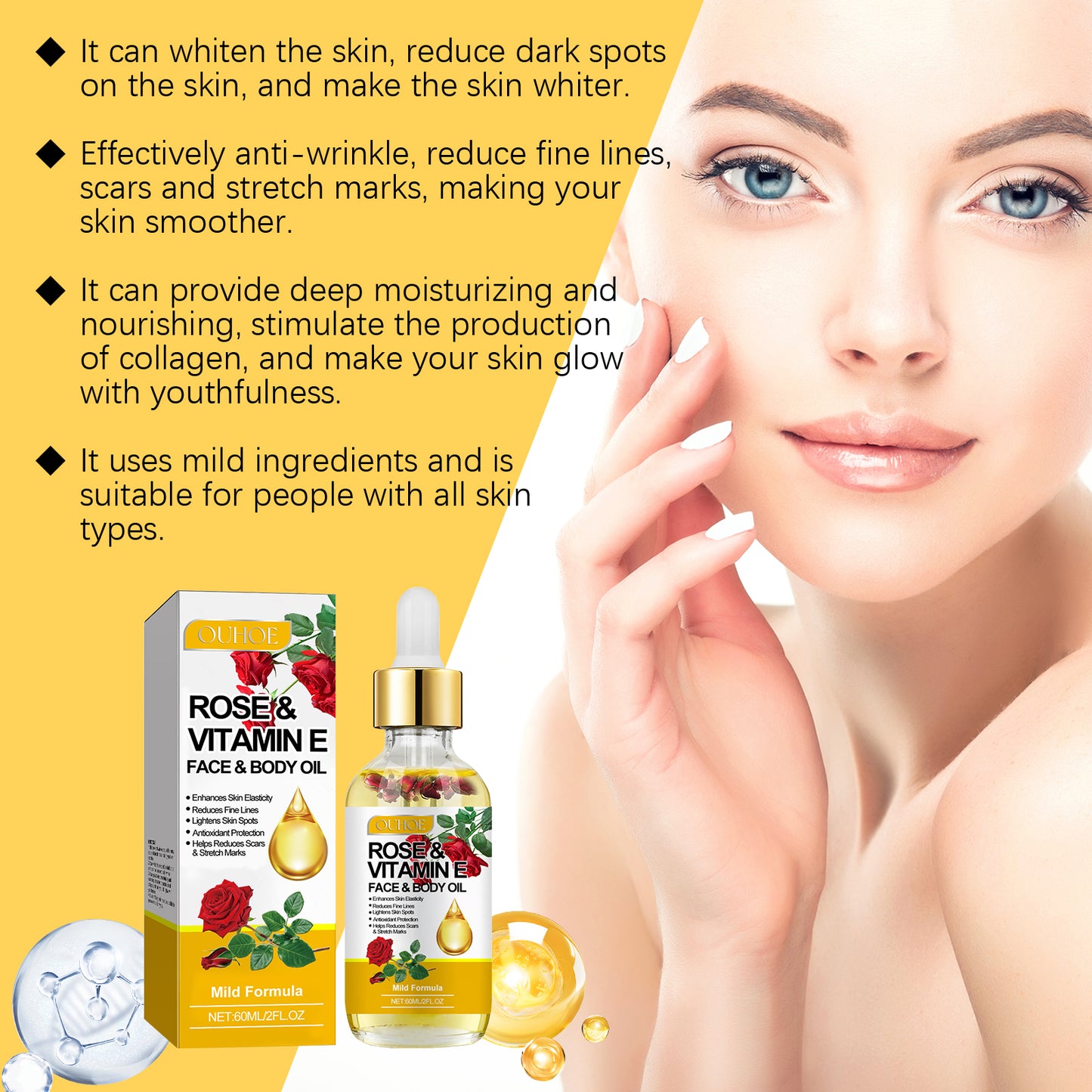 Rose Vitamin E Face Serum - Moisturizing & Brightening Skin Oil 60ml