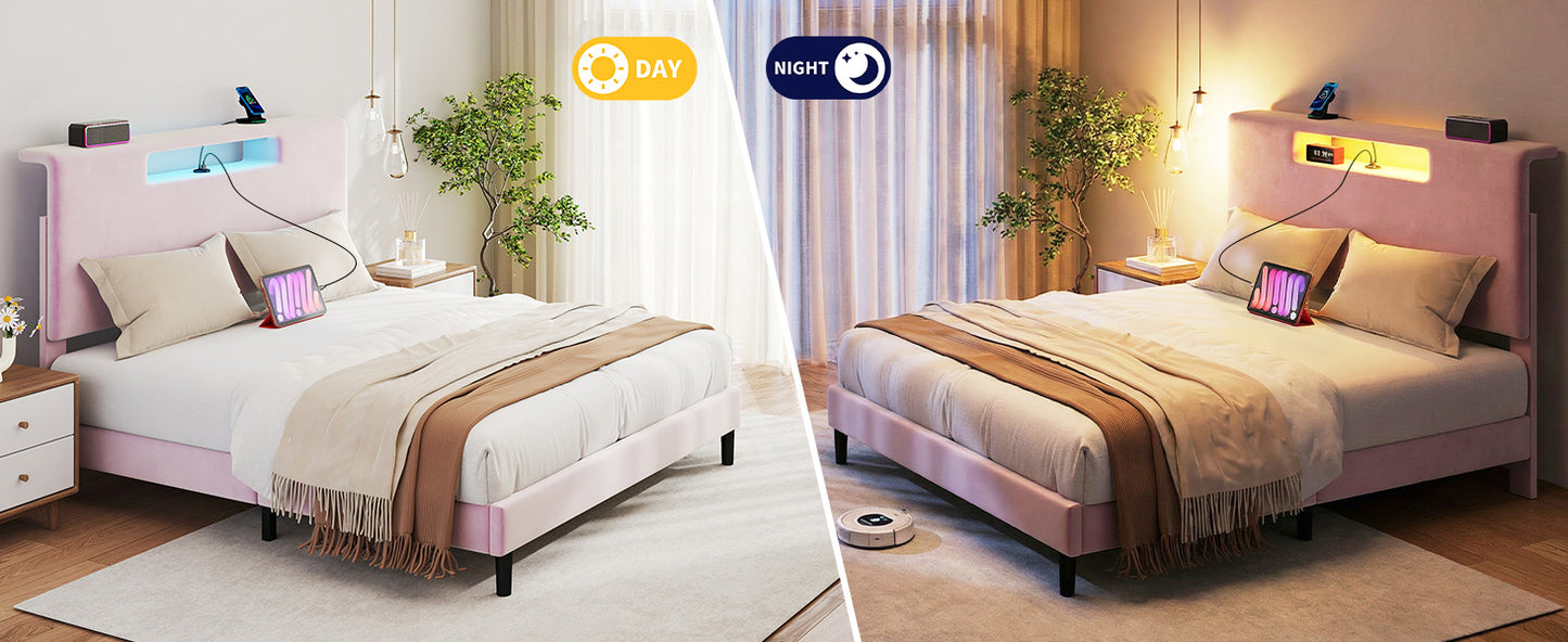 Queen Size Upholstered Bed Frame With High Headboard Adjustable LED