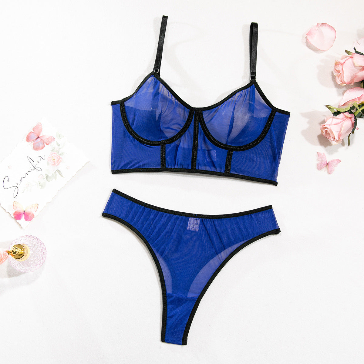 Women's Mesh Push-Up Underwear Set with Contrast Color Fishbone Design