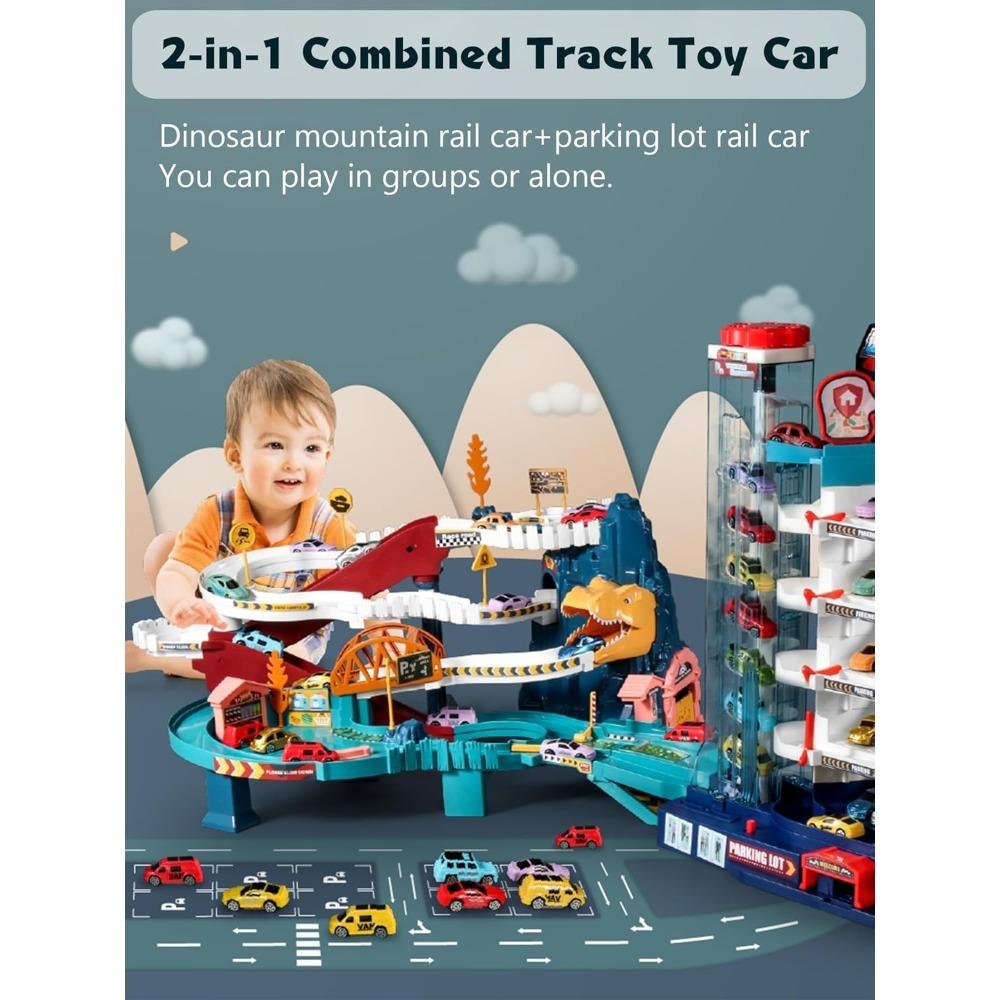 Dinosaur Mountain Adventure Race Track Toy Set with Mini Cars & Assembly Tool