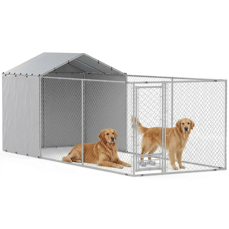 Large Outdoor Dog Kennel with Waterproof Cover, Galvanized Steel Frame, UV-Resistant Mesh, 19.7' x 7.5' x 7.5'