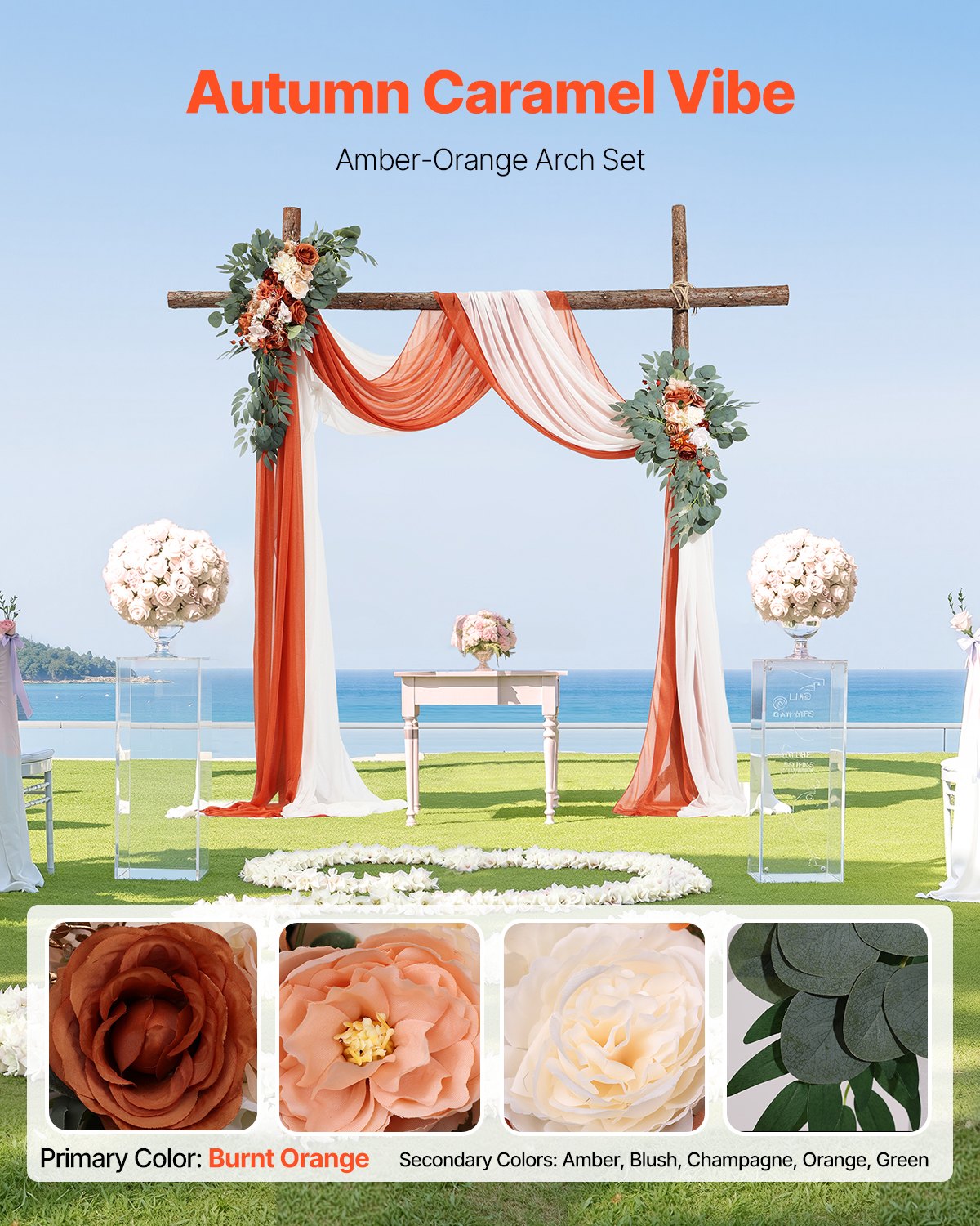 Artificial Wedding Arch Flowers Kit with 21ft Draping Fabric - Burnt Orange