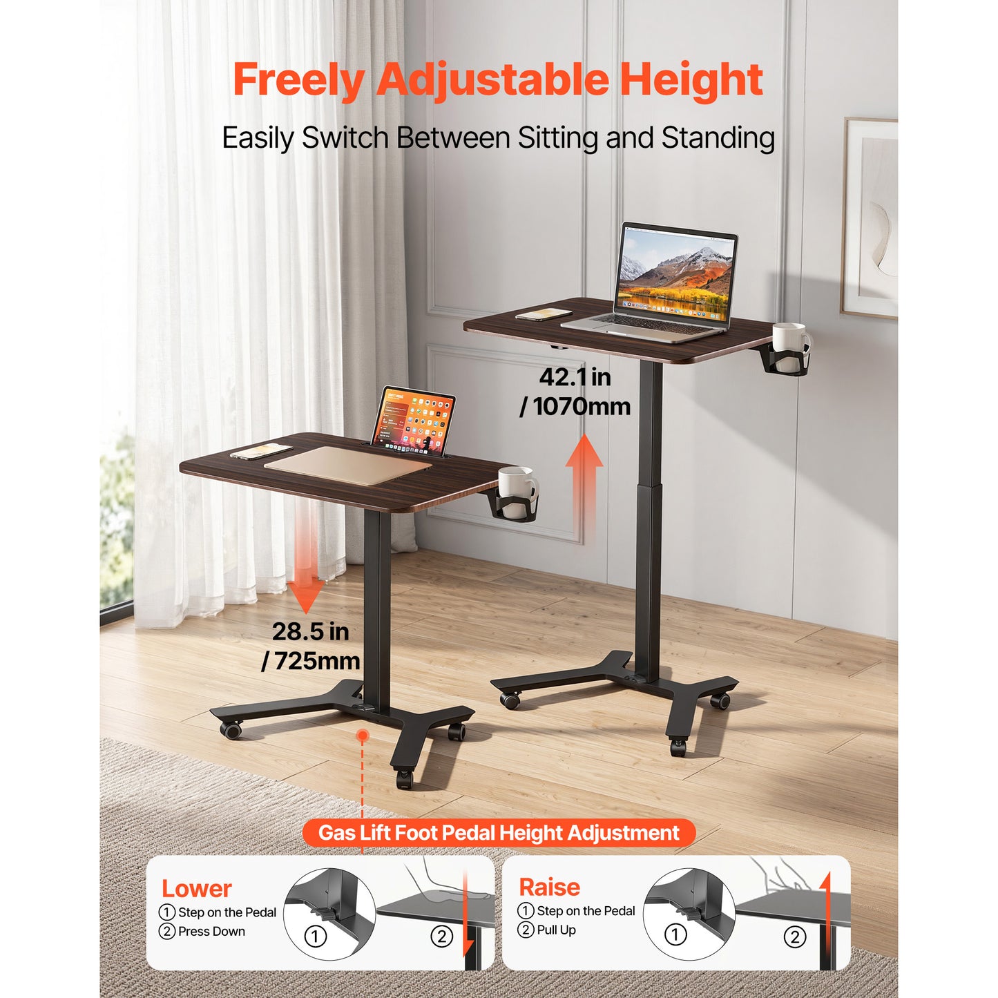 Adjustable Standing Desk with Casters - Mobile Sit-Stand Workstation, Foot Pedal Lift, 28x20.5 Inches, 33 Lbs Capacity