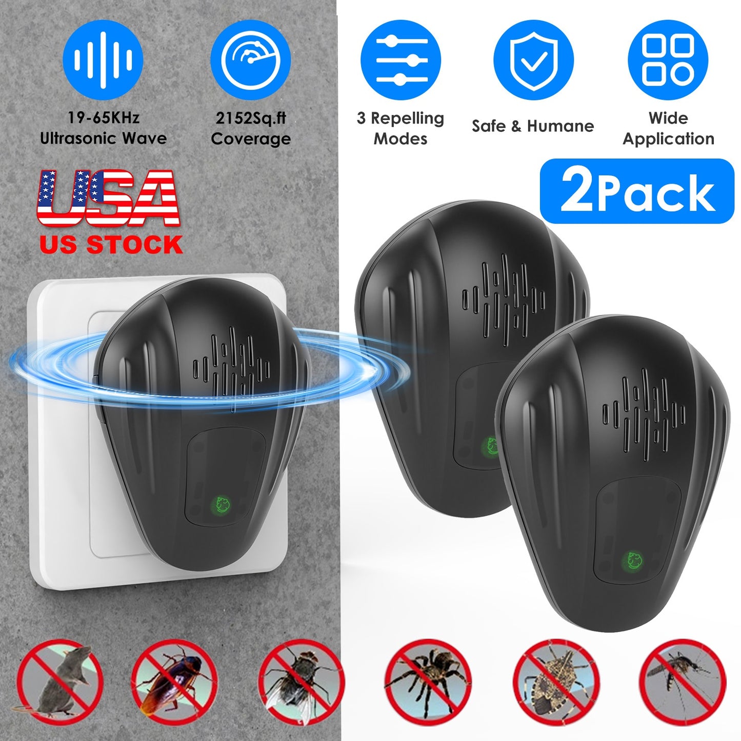 2 Pack Ultrasonic Pest Control Device for Indoor Insect Repellent