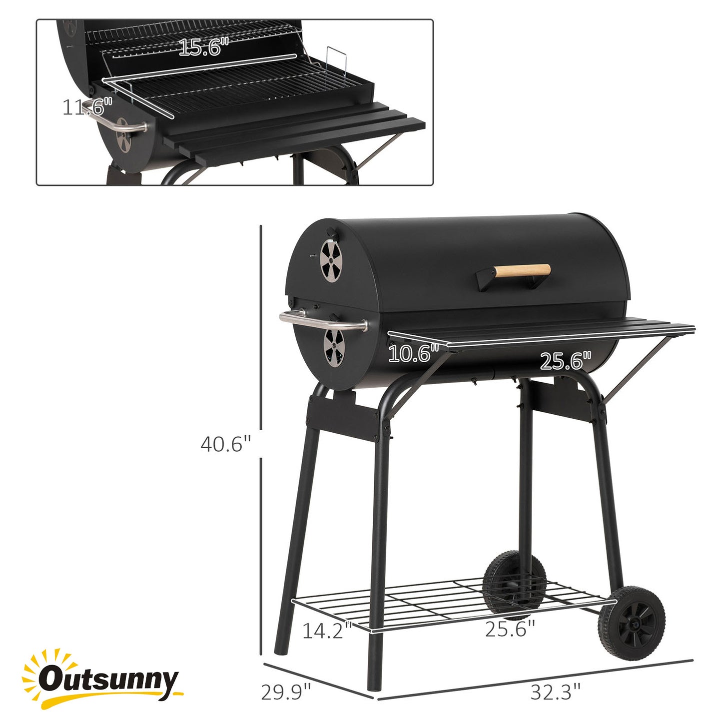 30" Portable Charcoal Barbecue Grill with Adjustable Rack & Wheels