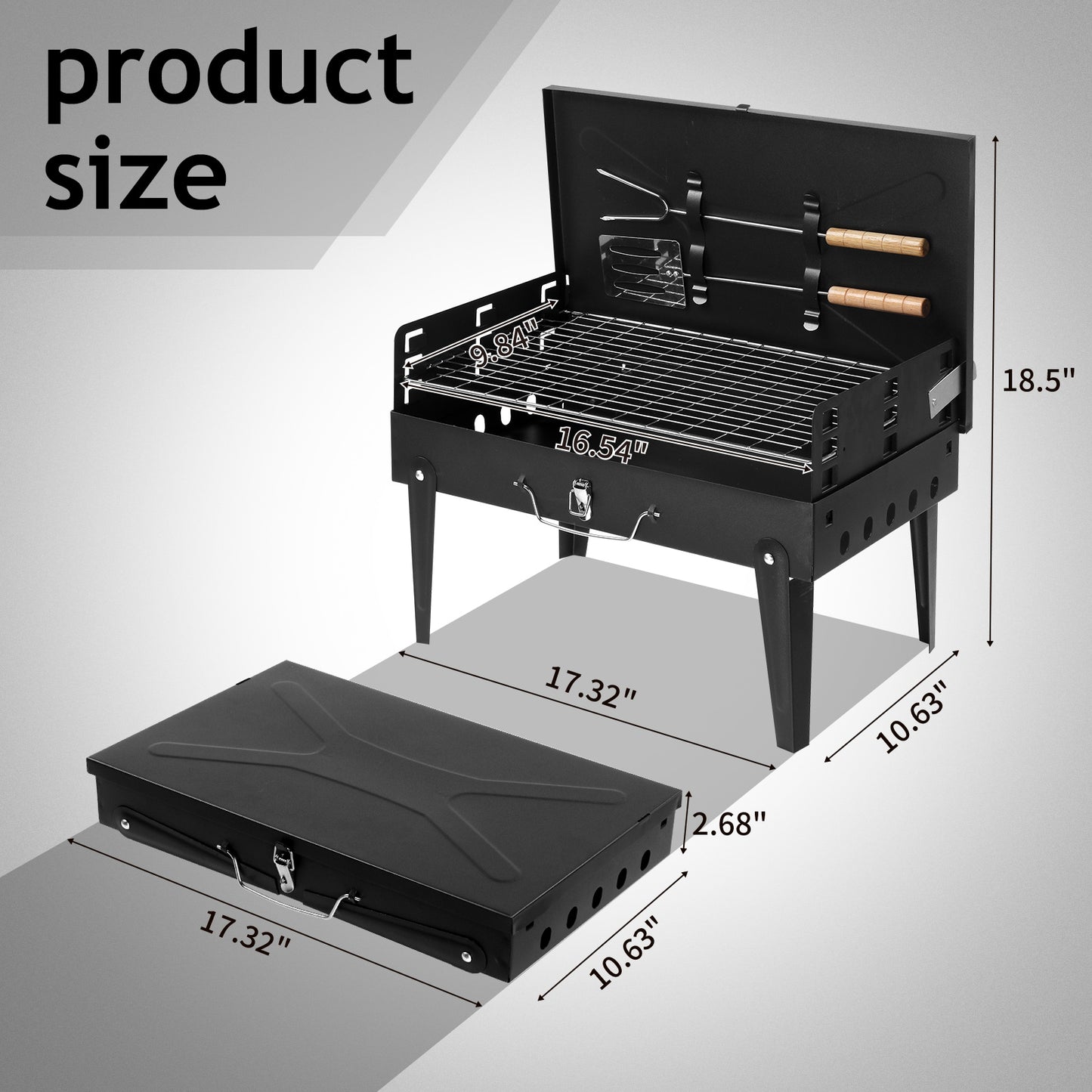 Portable Square Charcoal Grill with Adjustable Height - Black