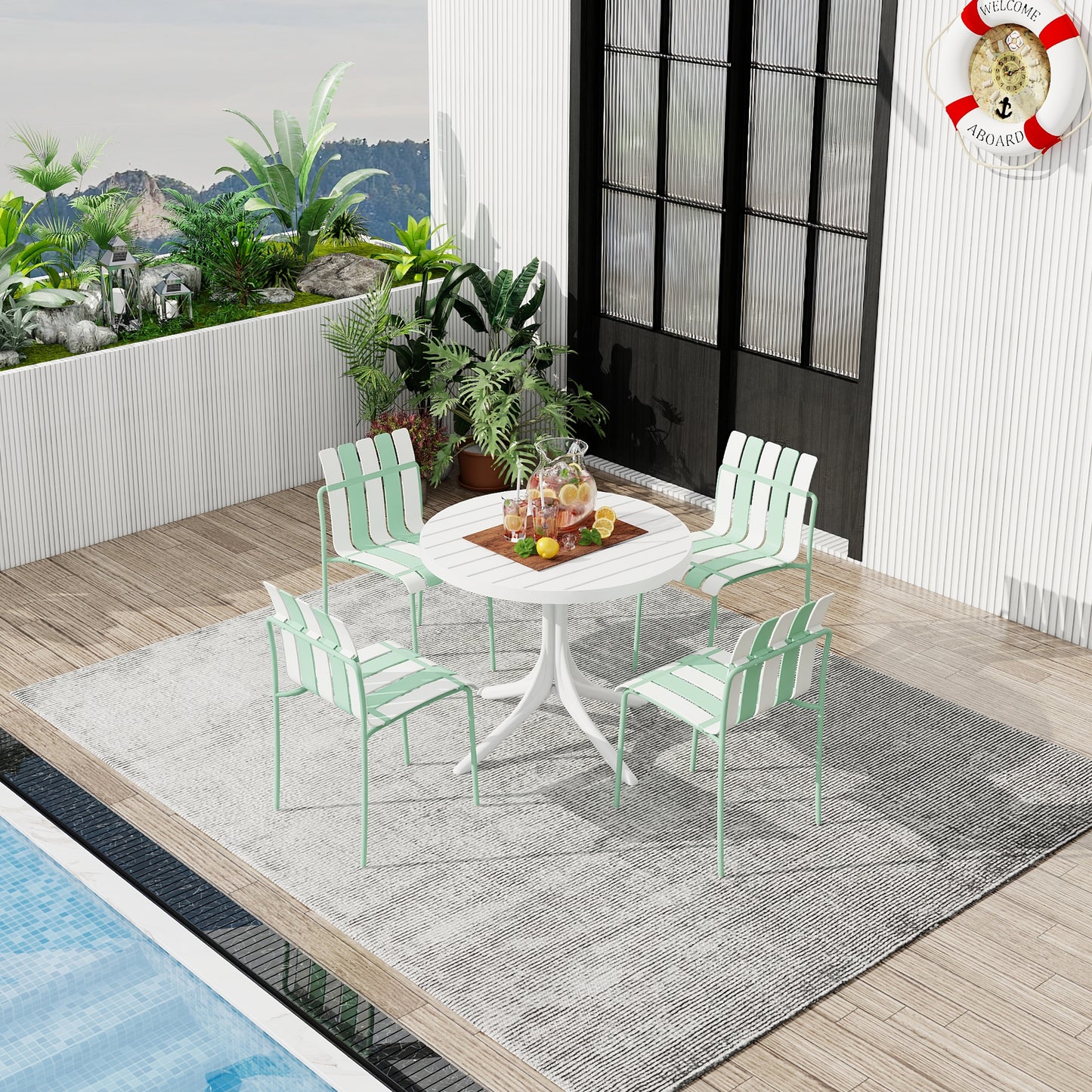 Modern Striped Color Block Chairs 4-Pack with Round Table - Waterproof