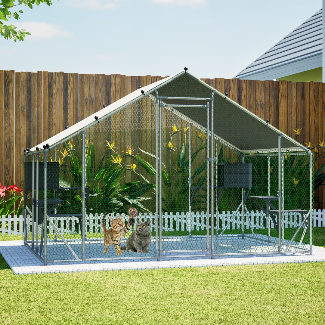 Outdoor Metal Cat Cage 3x2m with Solid Wood Platform Waterproof Tarp Safety Lock