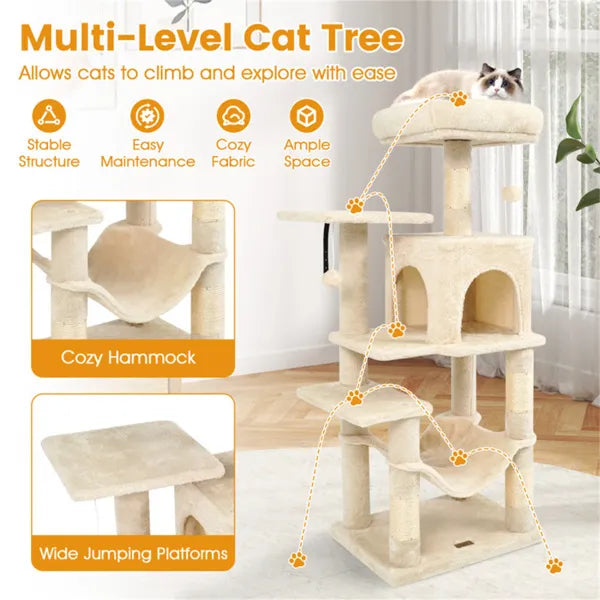 44-Inch Multi-Level Cat Tree with Top Perch, Condo & Hammock - Beige