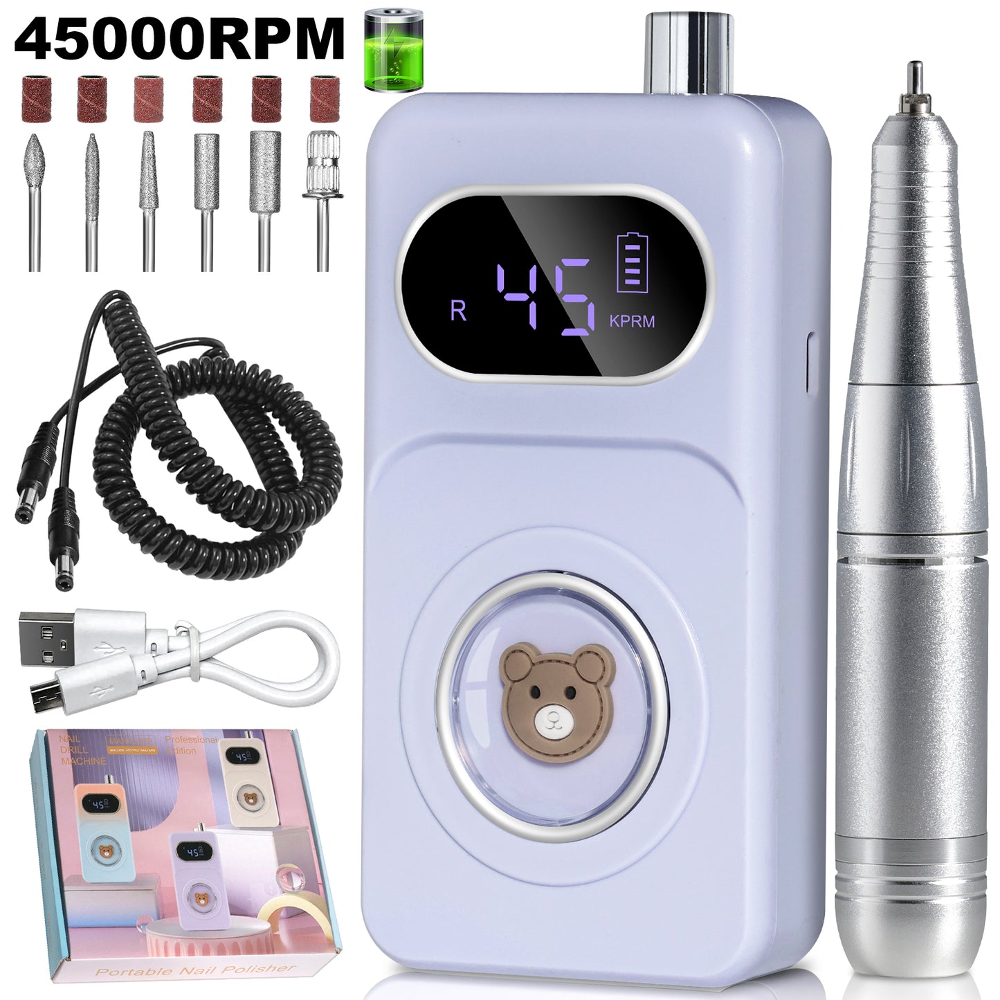 Professional 45000RPM Rechargeable Electric Nail Drill for Acrylic & Gel Nails