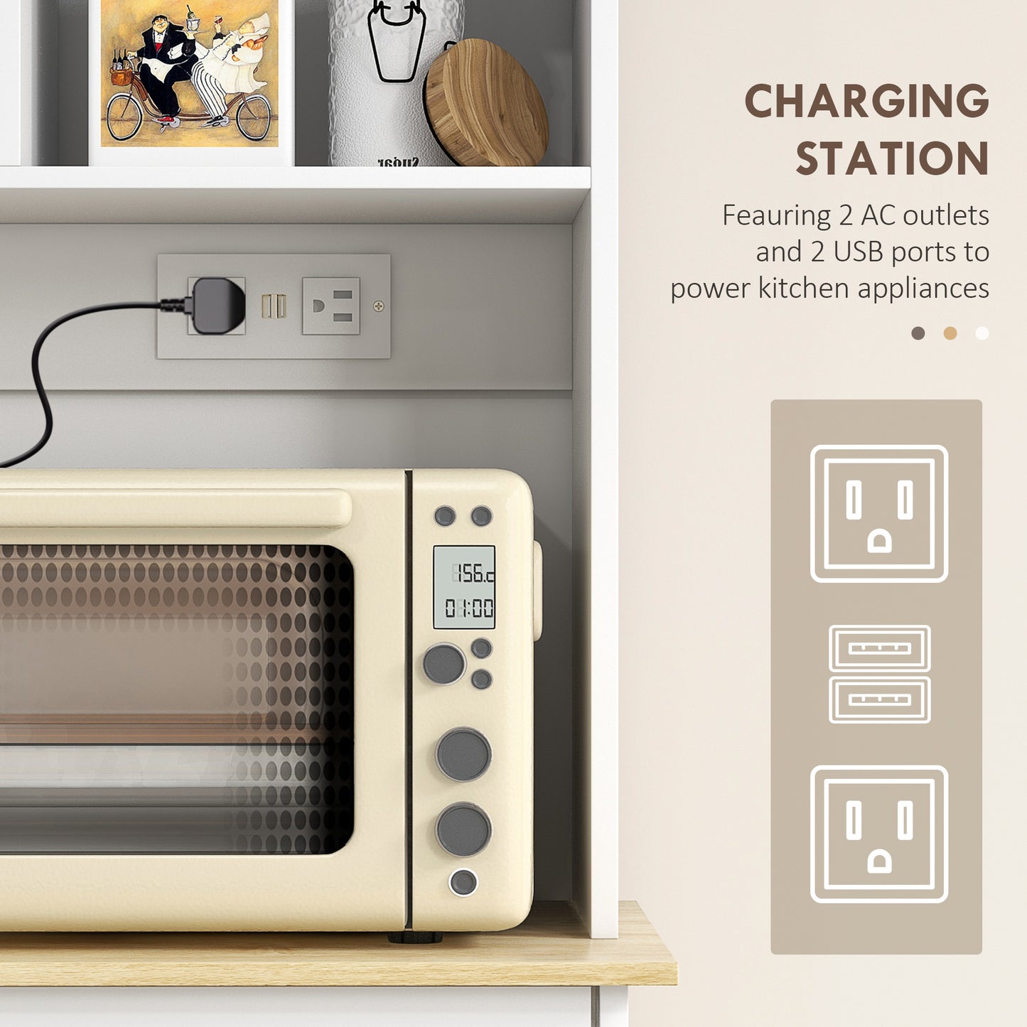 Kitchen Pantry Cabinet with Charging Station & Tilt-Out Cabinets