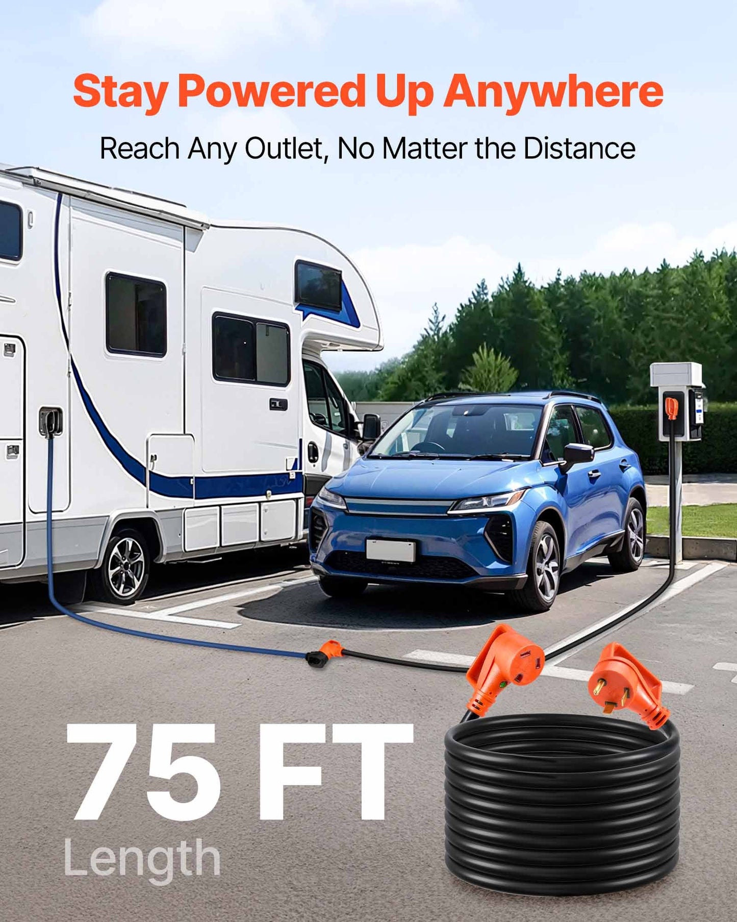 75 Ft Heavy-Duty RV Extension Cord 30A 10AWG NEMA TT-30P to TT-30R Black