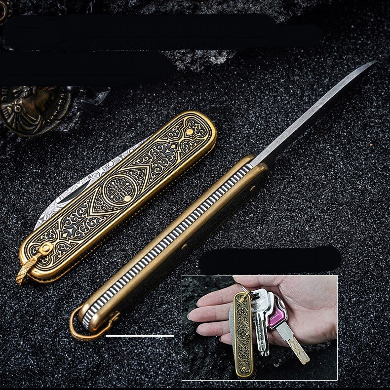 Mini Folding Damascus Steel Pocket Knife with Rose Pattern - Portable and Sharp
