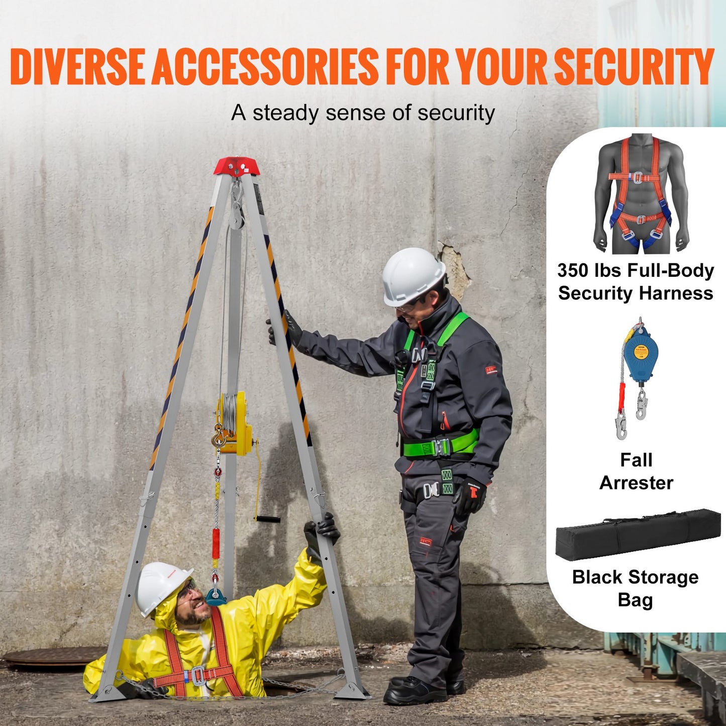 Confined Space Rescue Tripod Kit with 8' Legs, 98' Cable & Safety Accessories