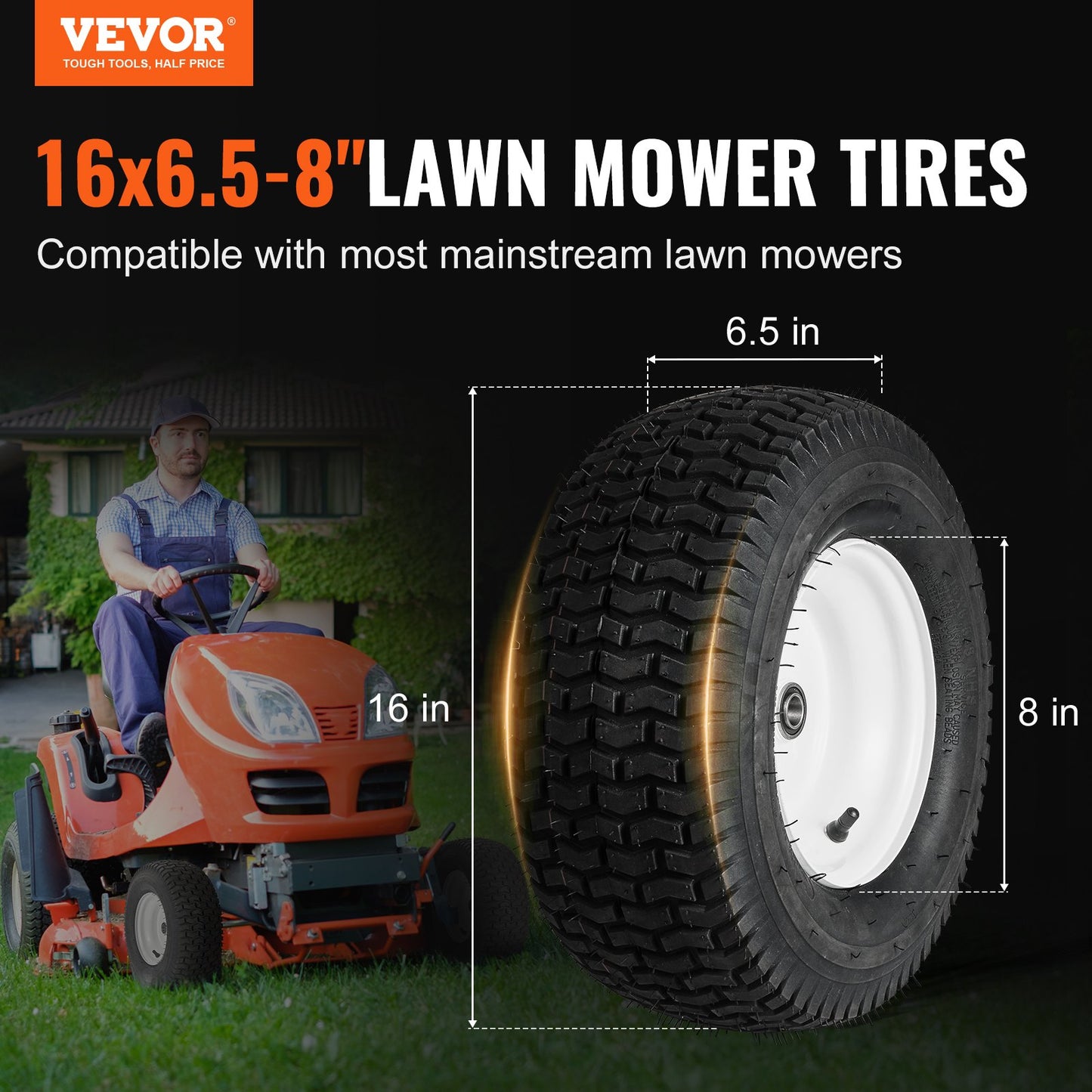 16x6.5-8 Lawn Mower Tires with Rims 2-Pack Tubeless Turf Tractor Wheels
