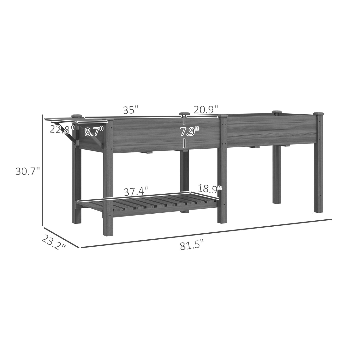 Wood Raised Garden Bed with Side Table and Bottom Shelf - Gray, 990x570x230 mm