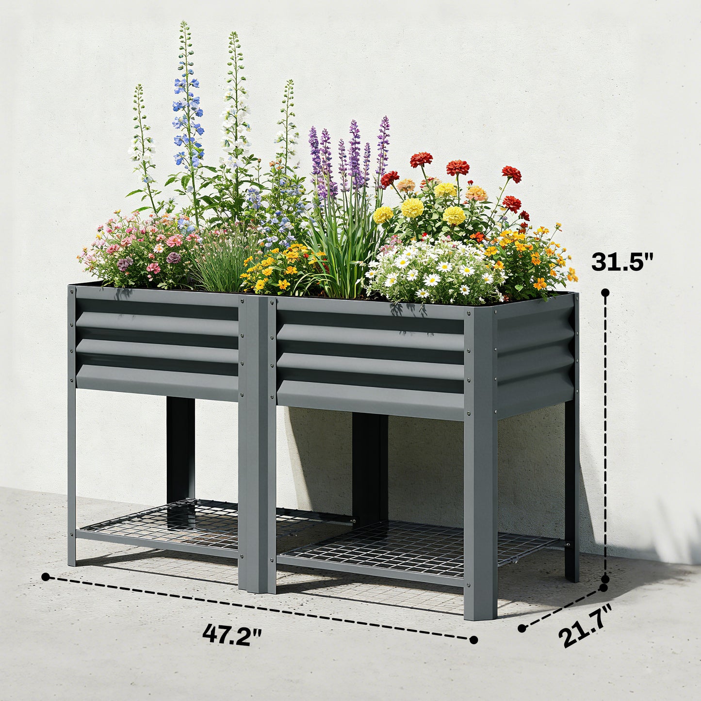 Galvanized Steel Raised Garden Bed with Storage Shelf - 31.5 Inch Dark Gray