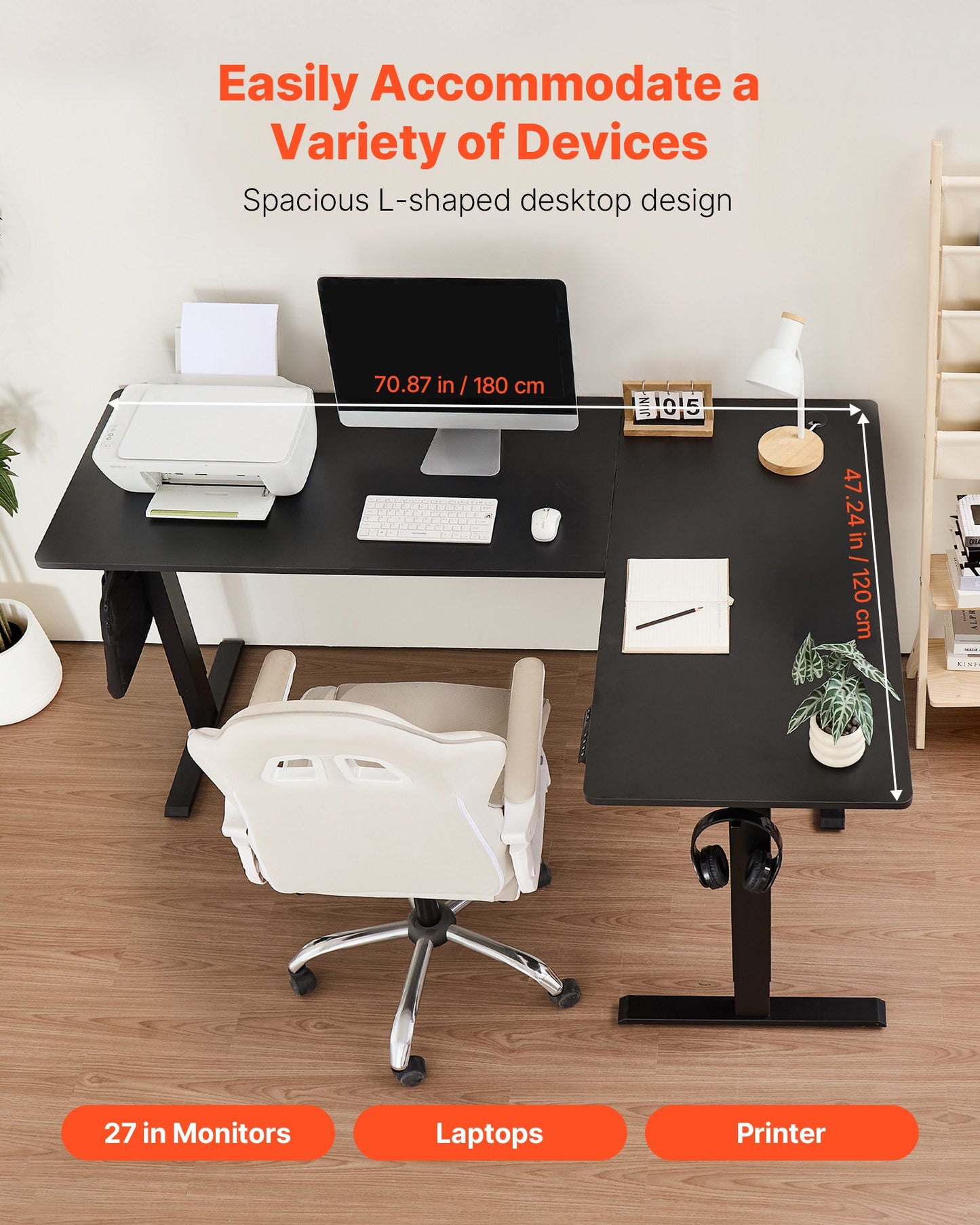 Electric Adjustable Height L-Shaped Gaming Desk - Black