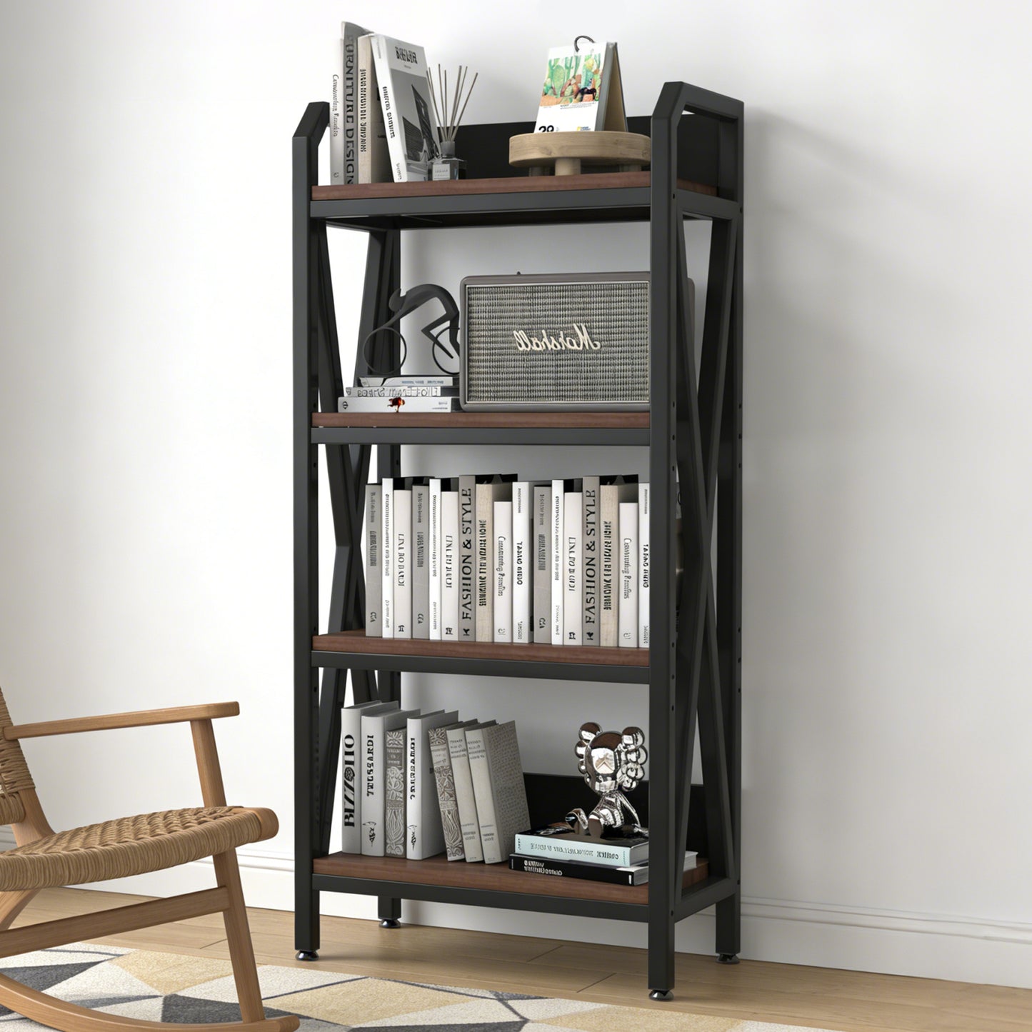 Black 56.3-Inch Metal & Wood Kitchen Storage Rack with 4 Adjustable Shelves