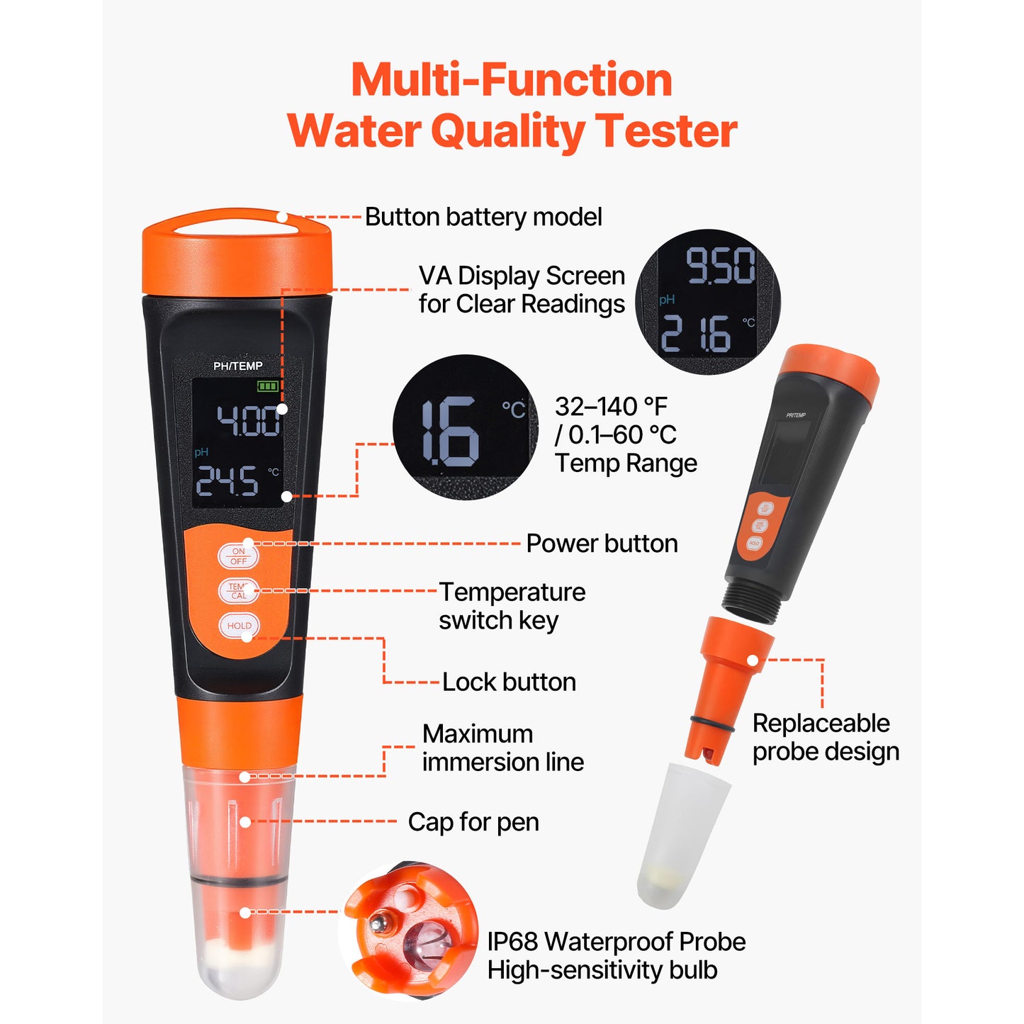 Digital pH Meter Waterproof Probe for Water Testing - 0-14 pH Range, Pocket Kit with Calibration Powder