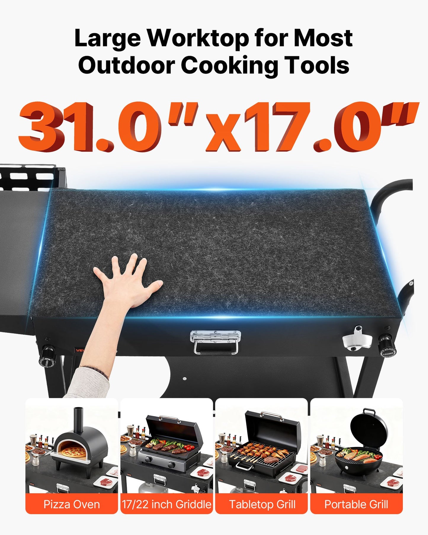 Foldable Outdoor Grill Cart with Side Table and Hooks - 31x17 Inch BBQ Prep Table