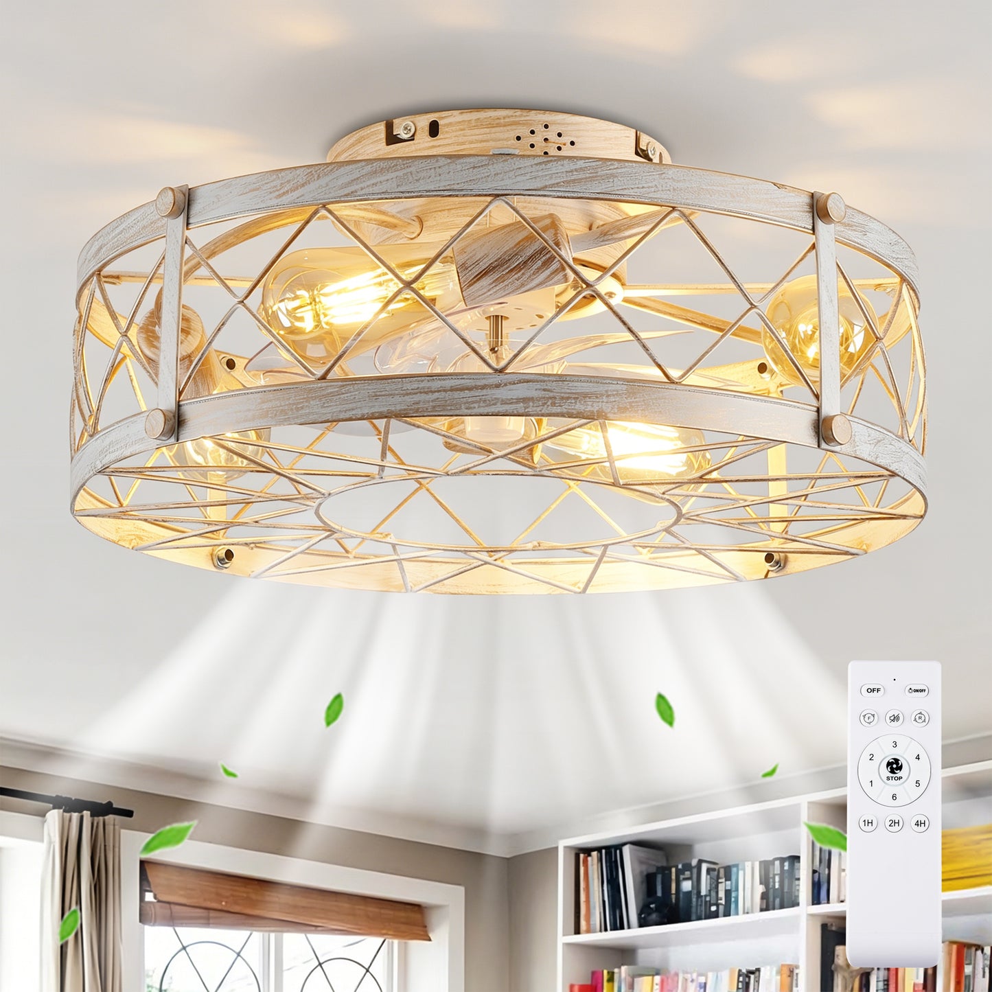20-Inch Matte White Caged Ceiling Fan with Remote Control - 6 Speeds