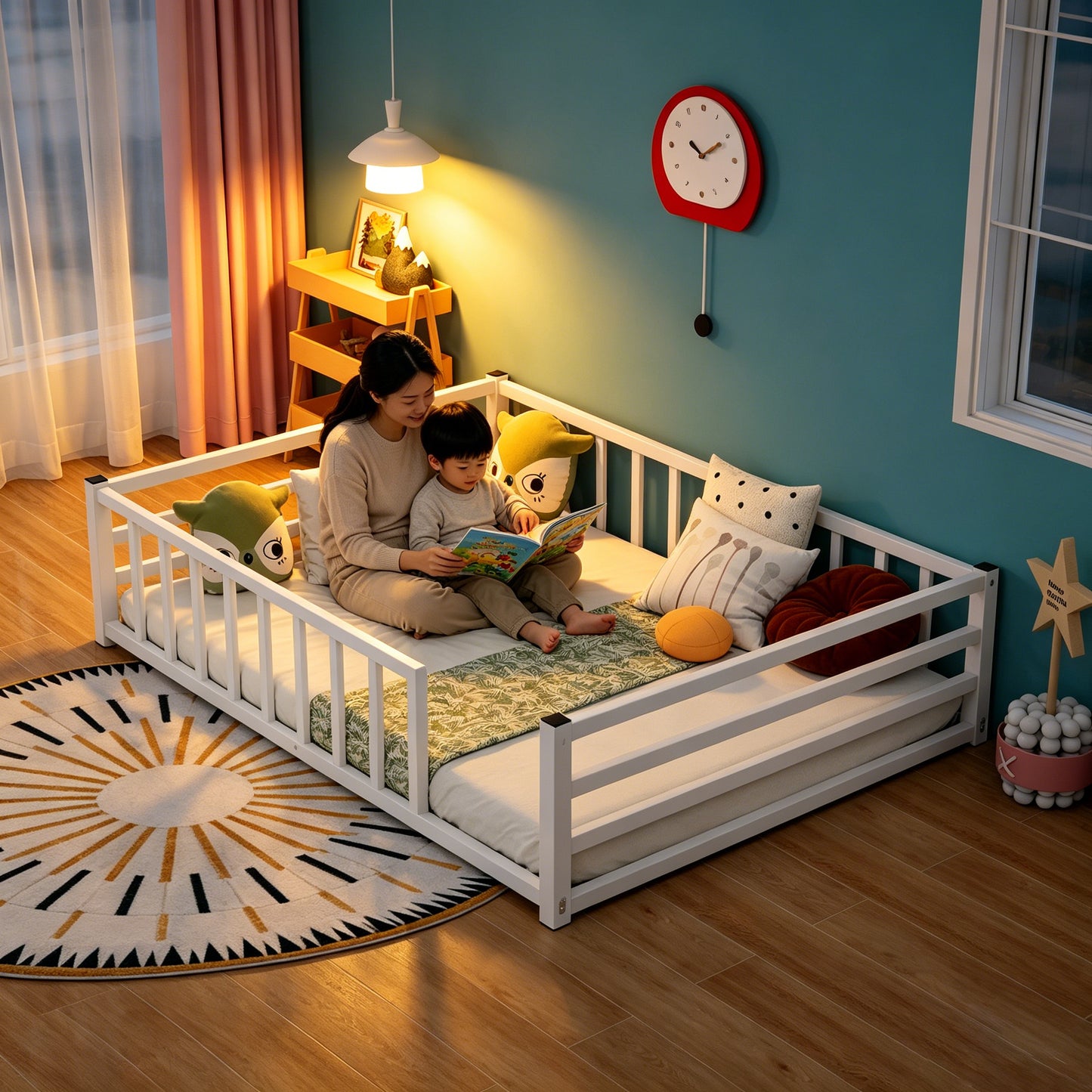 Full Size Low Profile Metal Bed Frame with Guardrails - White