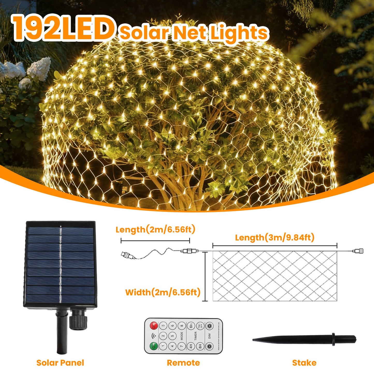 Solar Christmas Net Lights - 9.84x6.56ft, 192 LED, Dimmable