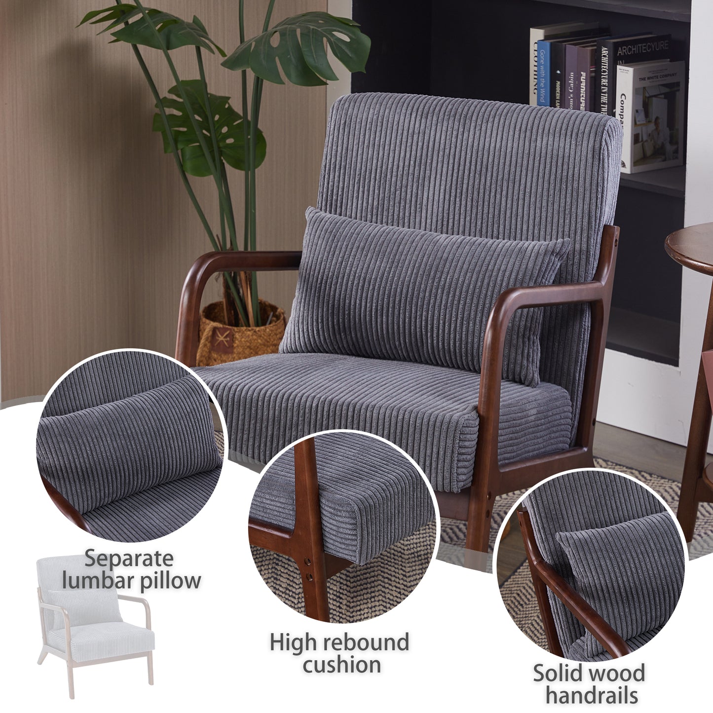 Mid-Century Modern Accent Chair - Antique Dark Grey Upholstered Armchair
