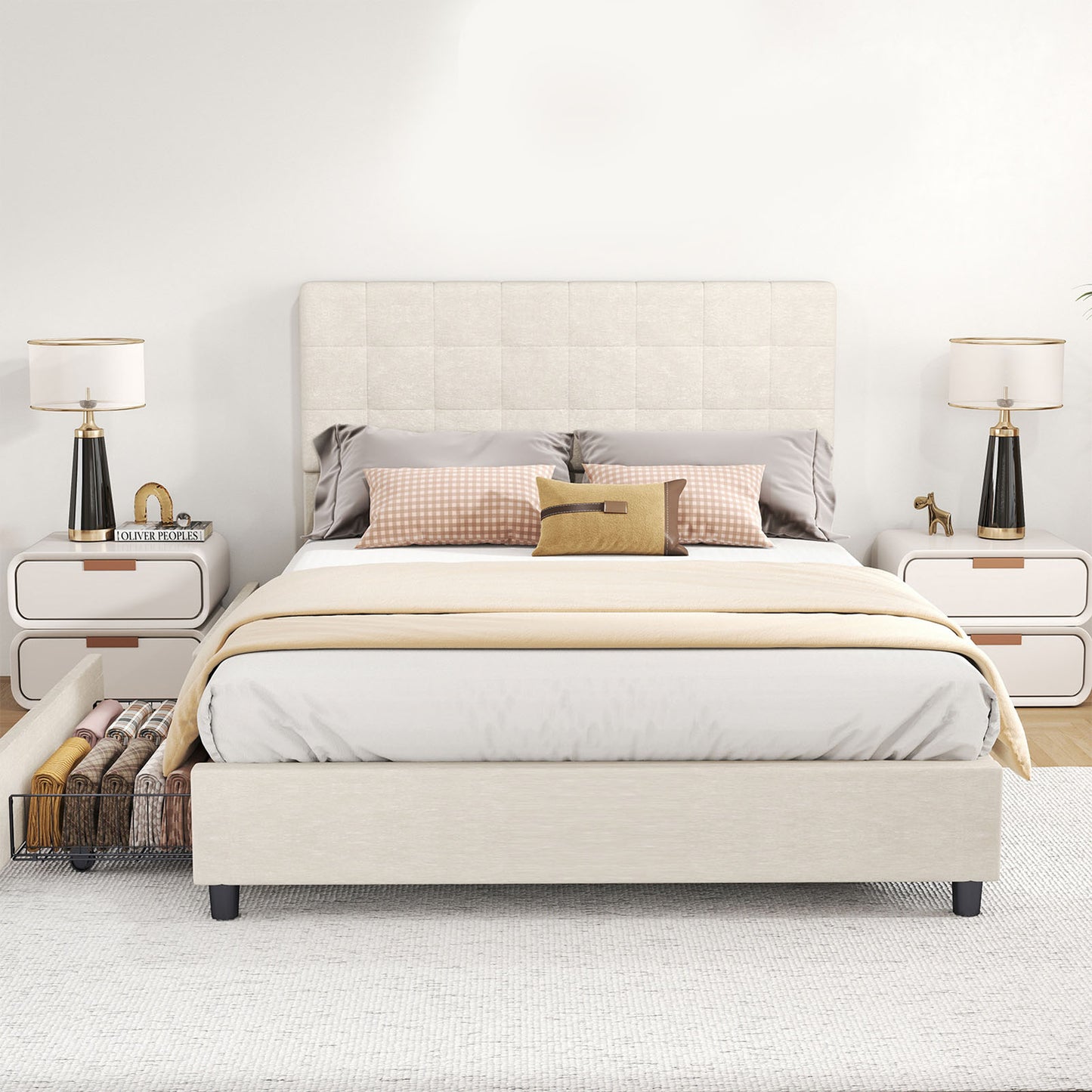 Bed Frame Upholstered Vertical Channel Headboard With 4 Storage