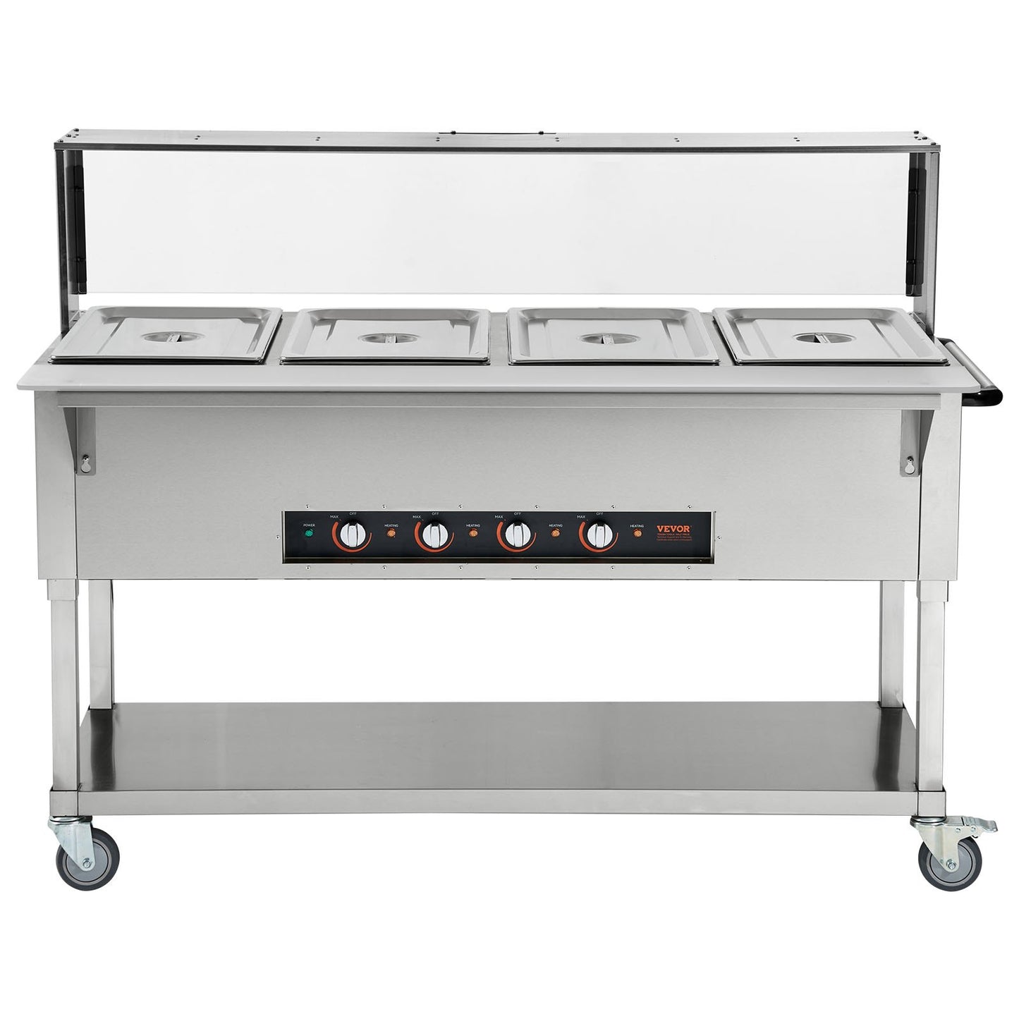 Commercial Food Warmer with 4 Stainless Steel Pans - 20.6QT Electric Steam Table, Acrylic Sneeze Guard, 2000W