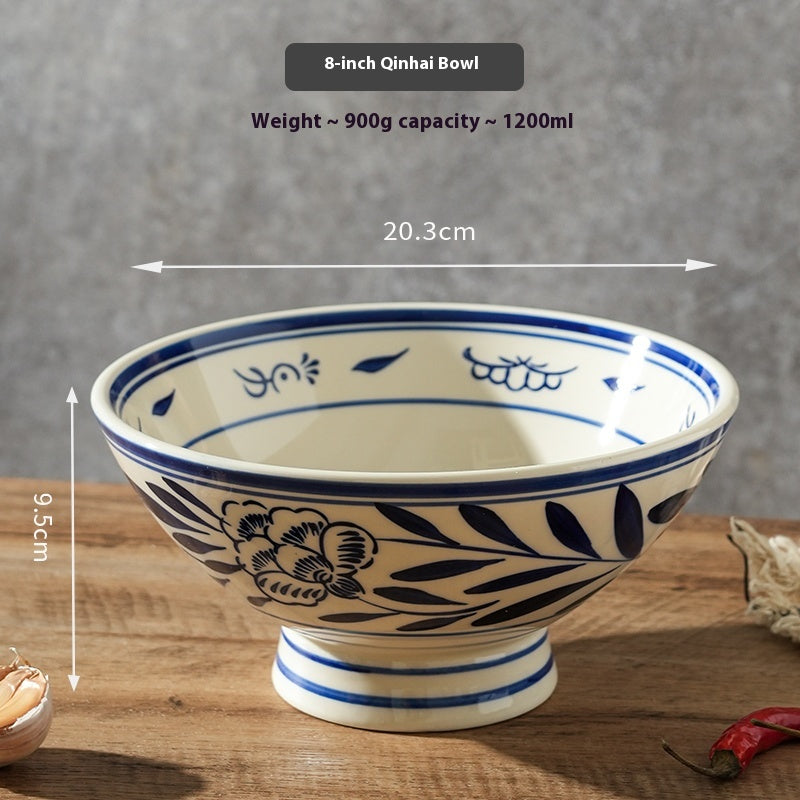 High-Leg Retro Ceramic Noodle Bowl with Hand-Painted Floral Pattern - 8 to 10 Inches
