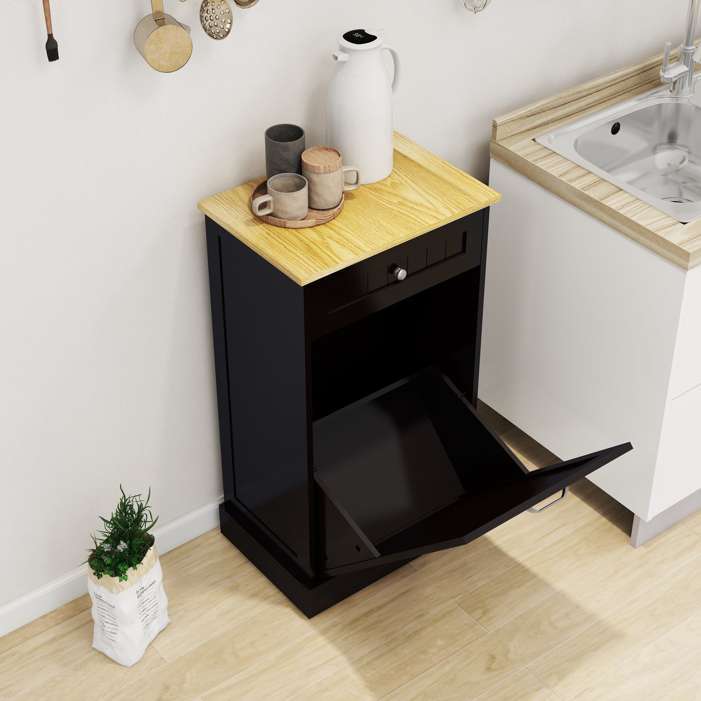 Tilt-Out Trash Cabinet with Drawer - Black MDF Kitchen Storage