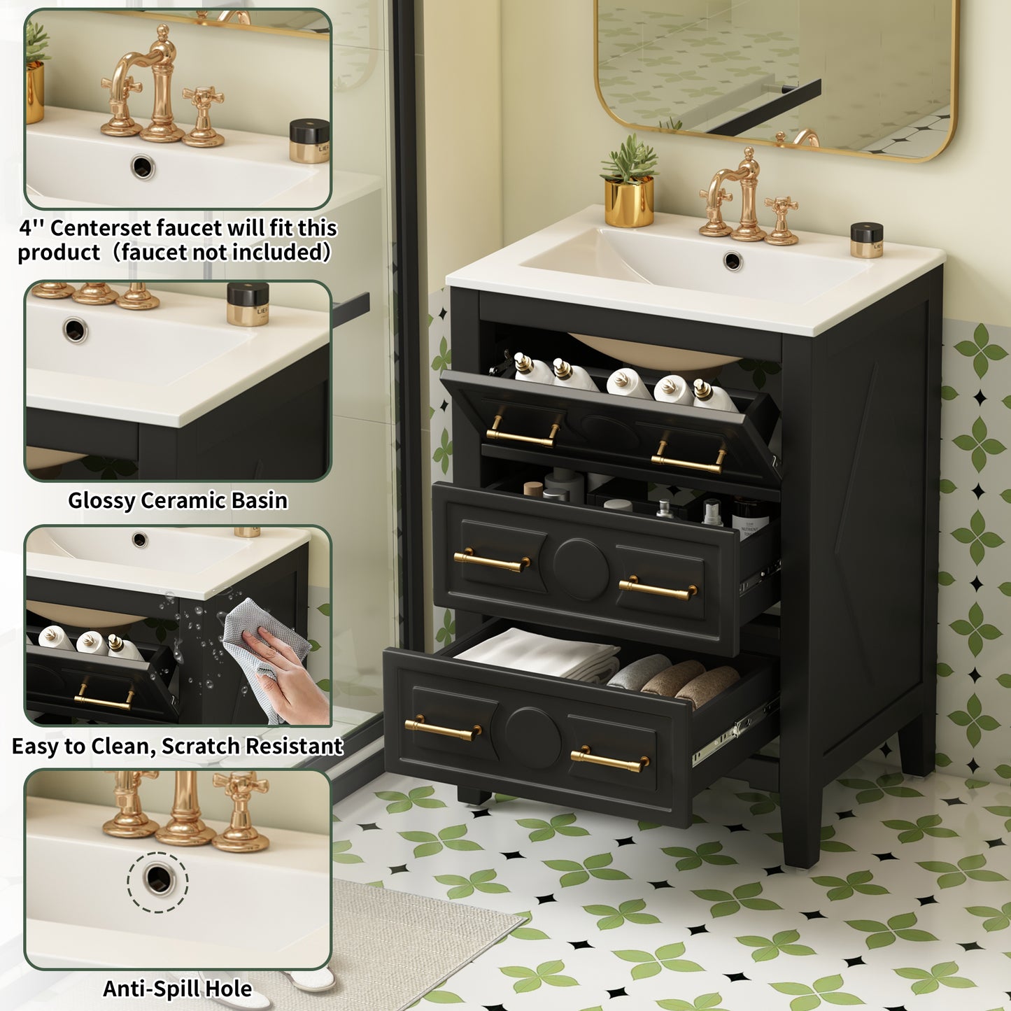 24'' Bathroom Vanity with Ceramic Sink - Black, 3 Drawers