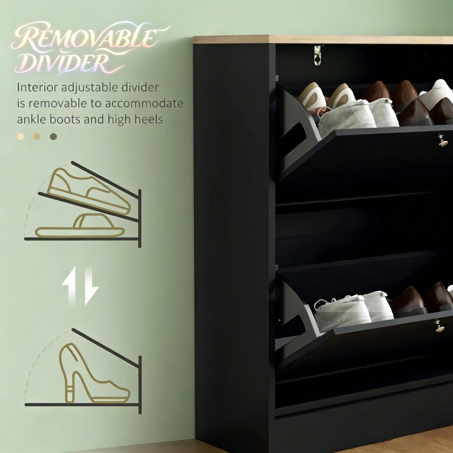 Narrow Shoe Cabinet with Adjustable Shelves - Black & Light Oak
